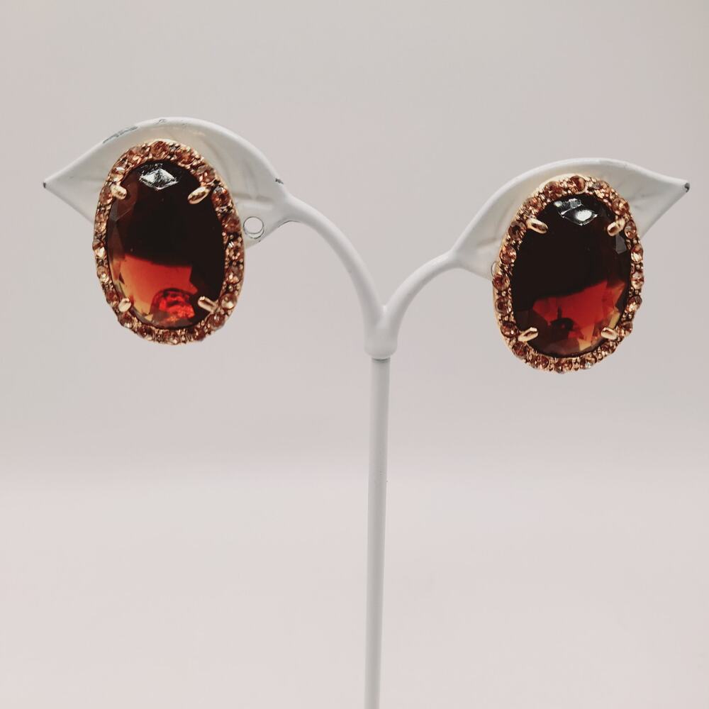 Vintage Monet Topaz Glass Clip Earrings Gold Tone Signed Designer